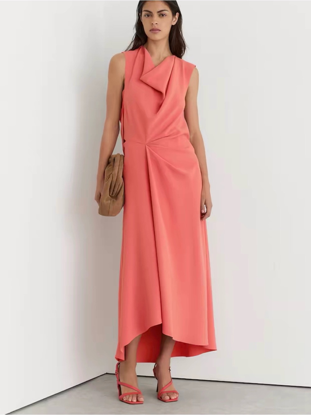 Reiss Dorota Cowl Neck Dress Sleeveless Coral Draped, US0 4 10